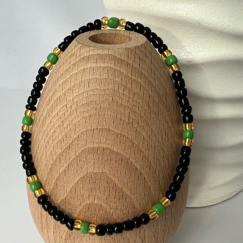 Stretch Beaded Anklet with Black Gold & Green Glass Beads Size 8.5”